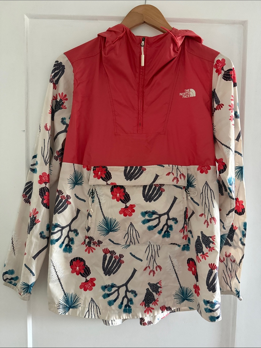 The North Face Red and Cream Floral Kids' Pullover Rain Anorak